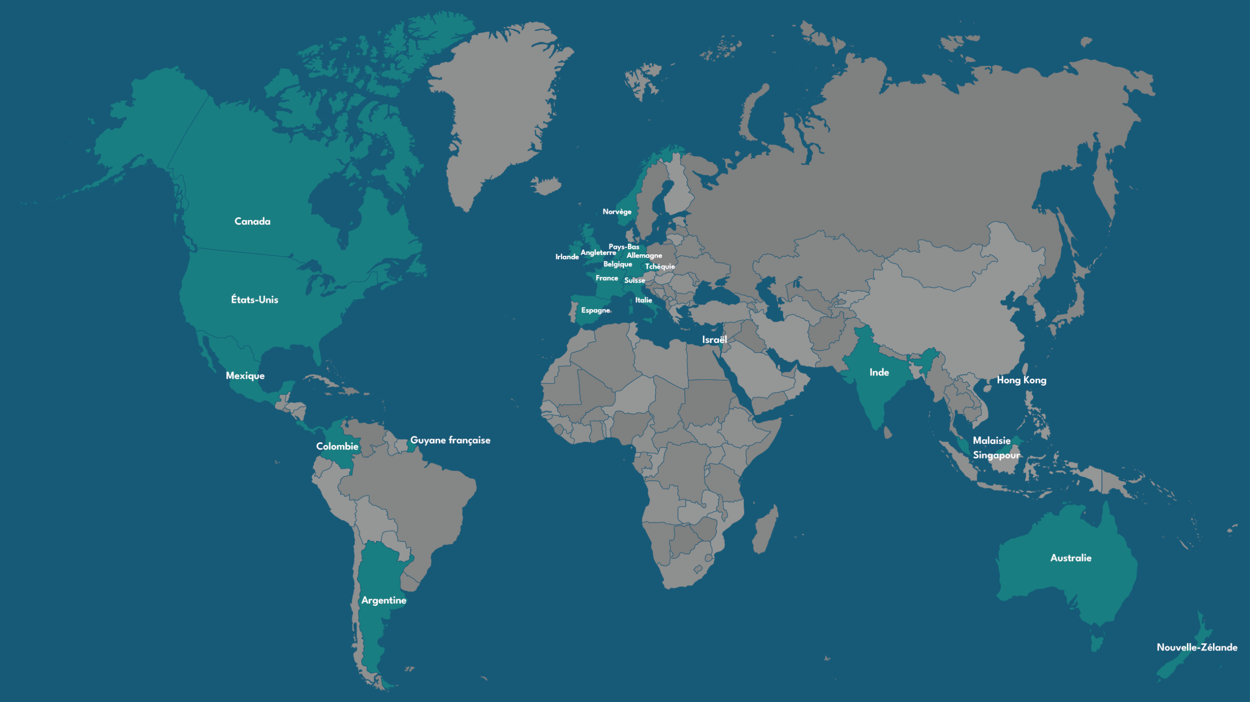 Allemagne, Angleterre, Argentine, Australie, Belgique, Canada, Colombie, Espagne, États-Unis, France, Guyane française, Hong Kong, Inde, Irlande, Israël, Malaisie, Mexique, Norvège, Nouvelle-Zélande, Pays-Bas, Singapour, Suisse, Tchéquie